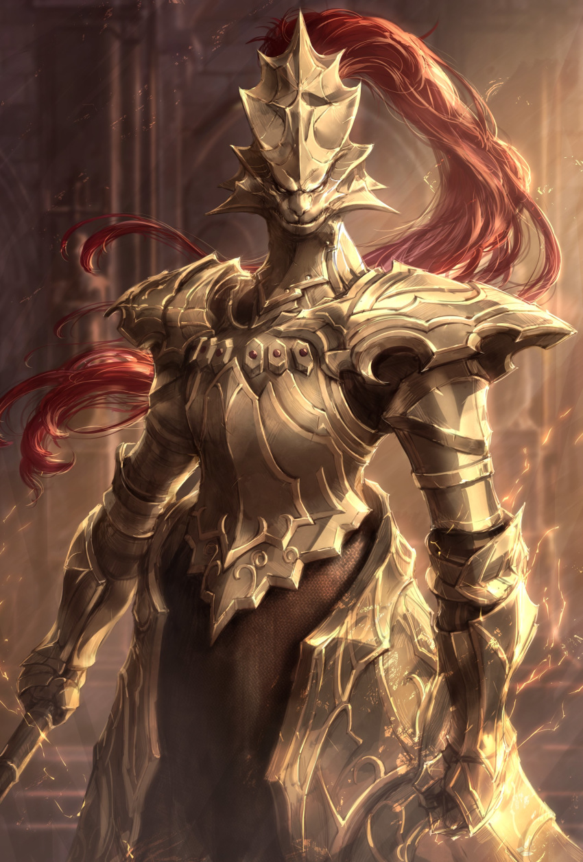 1boy absurdres armor blurry blurry_background breastplate chainmail commentary_request cowboy_shot dark_souls dragon_slayer_ornstein electricity gauntlets helmet highres holding_polearm long_hair looking_at_viewer michairu polearm shoulder_armor solo souls_(from_software) very_long_hair weapon