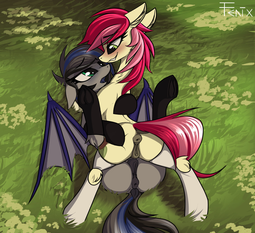 absurd_res anatomically_correct anatomically_correct_genitalia anatomically_correct_pussy animal_genitalia animal_pussy anus bat_pony bat_wings blush butt clothing cutie_mark dock duo earth_pony equid equine equine_pussy fan_character female female/female feral friendship_is_magic genitals hasbro hi_res horse legwear looking_at_another mammal membrane_(anatomy) membranous_wings my_little_pony nightglider nude outside paganee pony puffy_anus pussy rose_(mlp) sex socks spread_legs spreading wings