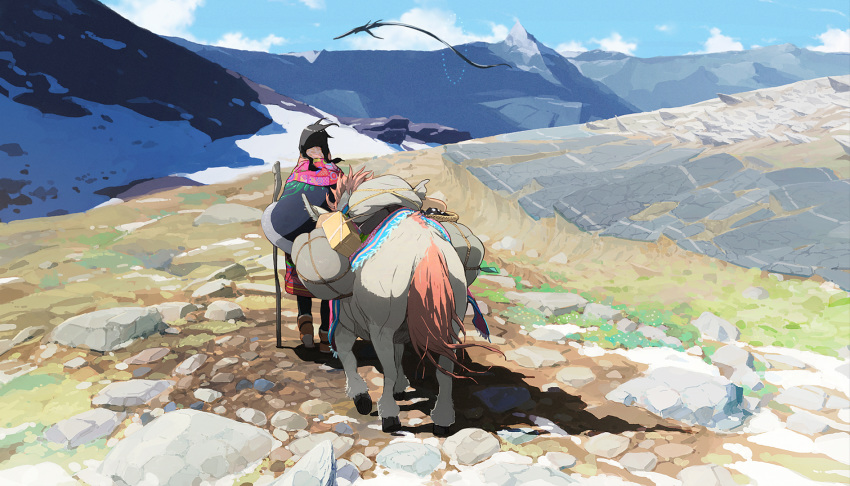 1girl animal bag blue_sky boots box capelet cloud commentary day dress fantasy highres hooves making-of_available mountain mountainous_horizon original outdoors pack_animal rock scenery sky solo tail uki_atsuya walking_stick