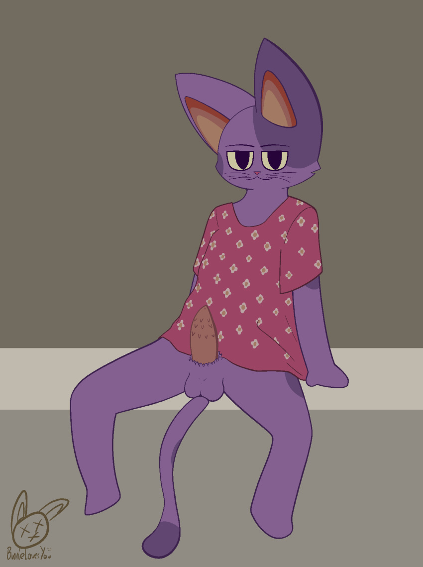 2020 animal_crossing anthro balls bob_(animal_crossing) bottomless bunnielovesyou clothed clothing domestic_cat felid feline felis fur genitals hi_res male mammal nintendo penile_spines penis presenting presenting_penis purple_body purple_fur shirt simple_background sitting solo topwear video_games whiskers yellow_sclera
