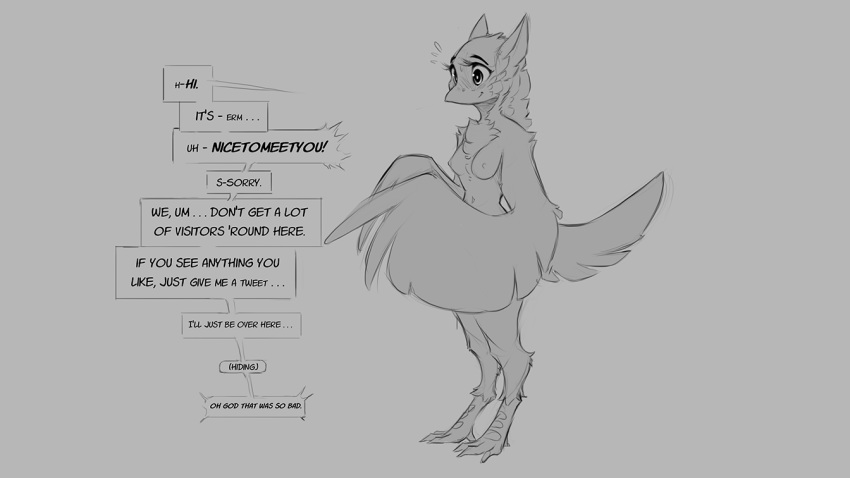 16:9 anthro avian beak bird blush breasts dialogue english_text eyebrows eyelashes feathers female grey_background monochrome nervous nipples non-mammal_breasts nude simple_background solo text watsup widescreen