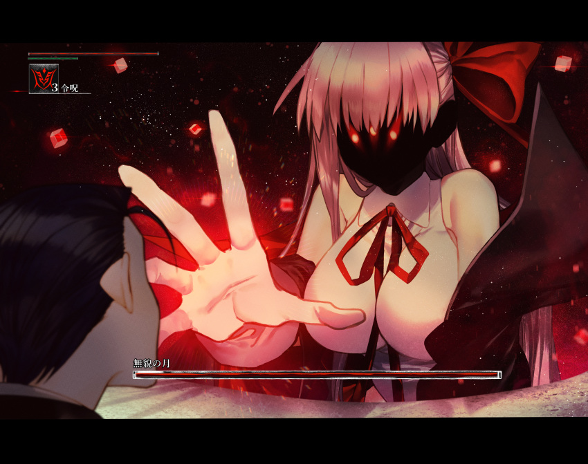 1girl absurdres albino_(a1b1n0623) bad_anatomy bangs bare_shoulders bb_(fate)_(all) bb_(swimsuit_mooncancer)_(fate) black_hair breasts command_spell faceless fate/grand_order fate_(series) formal from_behind giantess gloves glowing glowing_eyes hair_ribbon highres huge_filesize jacket large_breasts long_hair long_sleeves looking_at_another miniboy purple_hair ribbon shaded_face sherlock_holmes_(fate/grand_order) size_difference starry_background swimsuit upper_body very_long_hair white_gloves