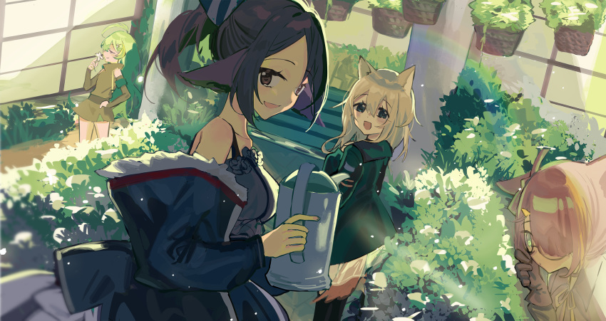 4girls :d ahoge animal_ears arknights blonde_hair brown_eyes brown_hair character_request commentary_request eikoo fox_ears gavial_(arknights) glasses gloves green_eyes greenhouse hair_over_one_eye hand_on_hip highres looking_at_viewer multiple_girls myrrh_(arknights) off_shoulder open_mouth perfumer_(arknights) plant ponytail red_hair smelling_flower smile watering_can
