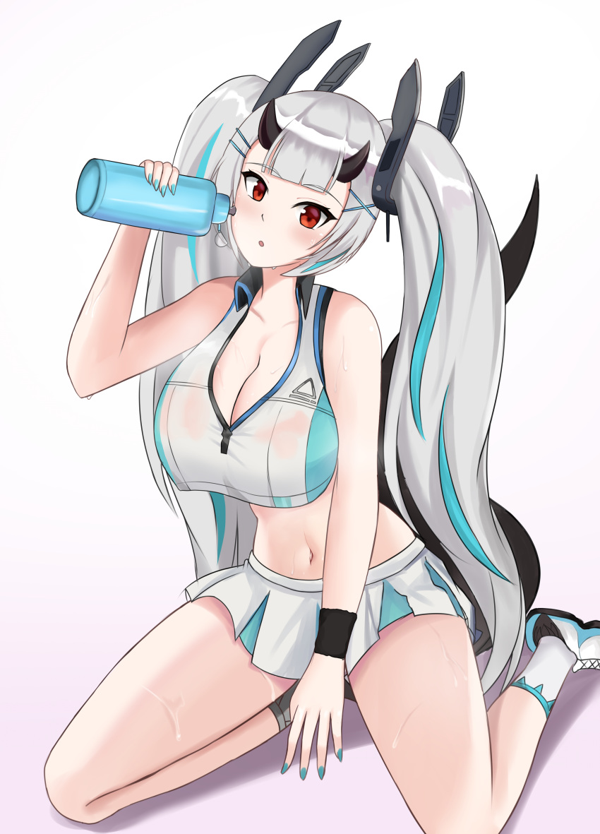 1girl :o absurdres aqua_hair aqua_nails azur_lane bangs bare_shoulders black_horns black_legwear blunt_bangs blush bottle breasts bremerton_(azur_lane) bremerton_(azur_lane)_(cosplay) bremerton_(scorching-hot_training)_(azur_lane) brulee cleavage collarbone collared_shirt commentary cosplay crop_top crop_top_overhang dragon_girl dragon_horns dragon_tail epic7 eyebrows_visible_through_hair full_body green_skirt hair_ornament hairclip highres holding holding_bottle horns large_breasts long_hair looking_at_viewer midriff mismatched_legwear multicolored_hair nail_polish navel red_eyes see-through shadow shirt shoes sidelocks simple_background sitting skirt sleeveless sleeveless_shirt sneakers socks solo sportswear streaked_hair sweat tail tennis_uniform twintails two-tone_shirt two-tone_skirt very_long_hair wariza water_bottle wet wet_clothes wet_shirt white_footwear white_hair white_legwear white_shirt white_skirt wristband x_hair_ornament yufine_(epic7)