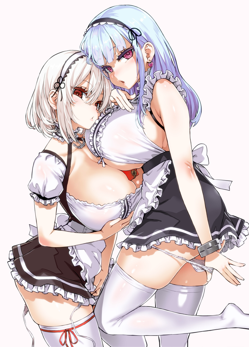 2girls absurdres anchor_choker apron asanagi azur_lane bangs bare_shoulders between_breasts black_hairband blush box breasts candy chocolate chocolate_heart choker cleavage collarbone dido_(azur_lane) dress dress_pull earrings eyebrows_visible_through_hair fantia_reward food frilled_choker frills hair_between_eyes hairband head_tilt heart heart-shaped_box heart_earrings highres huge_breasts jewelry lace-trimmed_hairband lavender_background long_hair looking_at_viewer multiple_girls open_mouth paid_reward panties panty_pull parted_lips pink_eyes puffy_short_sleeves puffy_sleeves pulled_by_self red_eyes red_ribbon ribbon ribbon-trimmed_legwear ribbon_trim short_hair short_sleeves side-tie_panties silver_hair simple_background sirius_(azur_lane) skindentation sleeveless sleeveless_dress standing thick_thighs thighhighs thighs underboob underboob_cutout underwear untied untied_panties valentine waist_apron white_apron white_hair white_legwear