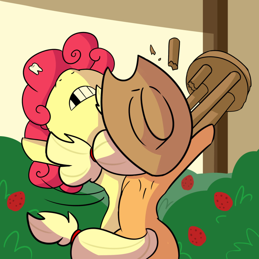 1:1 applejack_(mlp) blonde_hair clothing equid equine feral food friendship_is_magic fruit furniture hair hasbro hat headgear headwear hi_res horse mammal missing_tooth my_little_pony plant pony stool strawberry strawberry_sunrise_(mlp) teeth tjpones violence