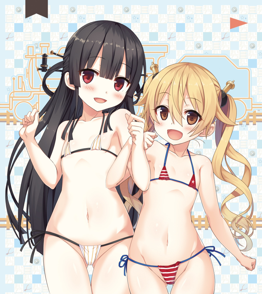 2girls absurdres armlock bikini black_hair blonde_hair blush brown_eyes cowboy_shot cura eyebrows_visible_through_hair fanbox_reward flat_chest hachiroku_(maitetsu) hair_between_eyes hair_ornament hairpin halter_top halterneck highres long_hair looking_at_viewer maitetsu micro_bikini multiple_girls navel official_art open_mouth paid_reward red_eyes side-by-side side-tie_bikini star_(symbol) star_print string_bikini striped striped_bikini swimsuit thigh_gap twintails wavy_hair