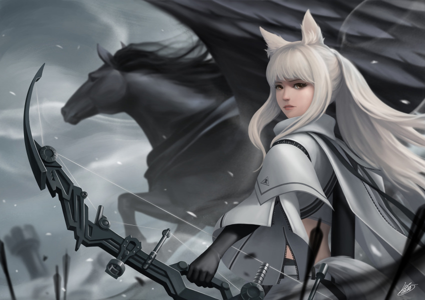 1girl animal_ears arknights arrow_(projectile) bow_(weapon) brown_eyes commentary compound_bow highres horse horse_ears lips long_hair looking_at_viewer okita platinum_(arknights) platinum_blonde_hair ponytail signature solo weapon