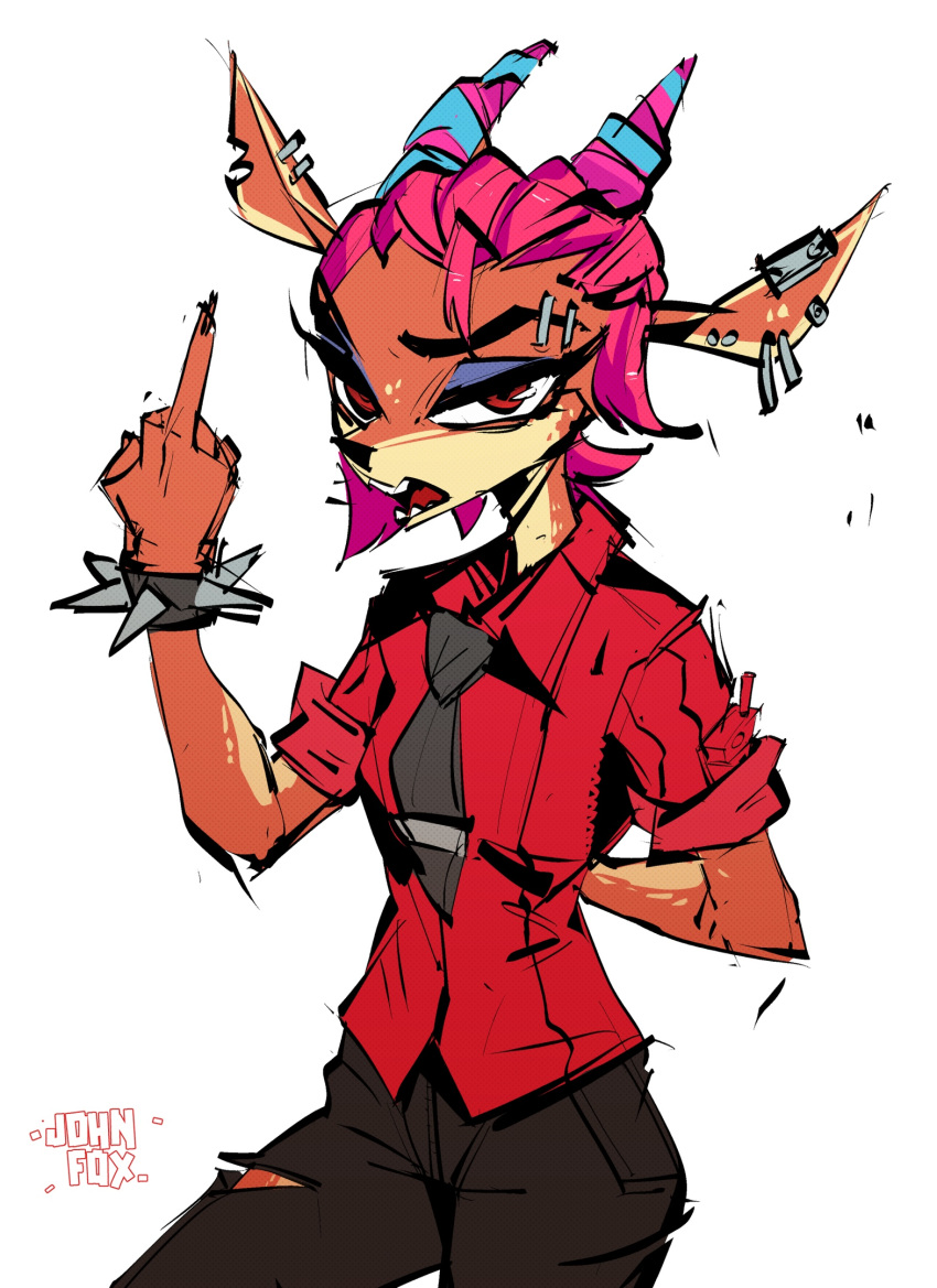 antelope anthro bovid cervid clothed clothing ear_piercing female fur gazelle gesture hair hi_res horn johnfoxart mammal middle_finger necktie nu_pogodi piercing red_clothing red_shirt red_topwear russian shirt solo spikes topwear ulya