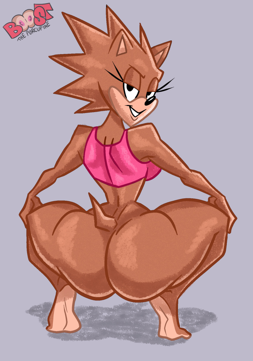 anthro big_breasts big_butt breasts brown_body brown_fur bust_(wappah) butt clothed clothing crouching curvy_figure female fur half-closed_eyes half_naked hands_on_knees hi_res looking_at_viewer looking_back mammal narrowed_eyes porcupine rodent smile smirk solo thick_thighs voluptuous wappah