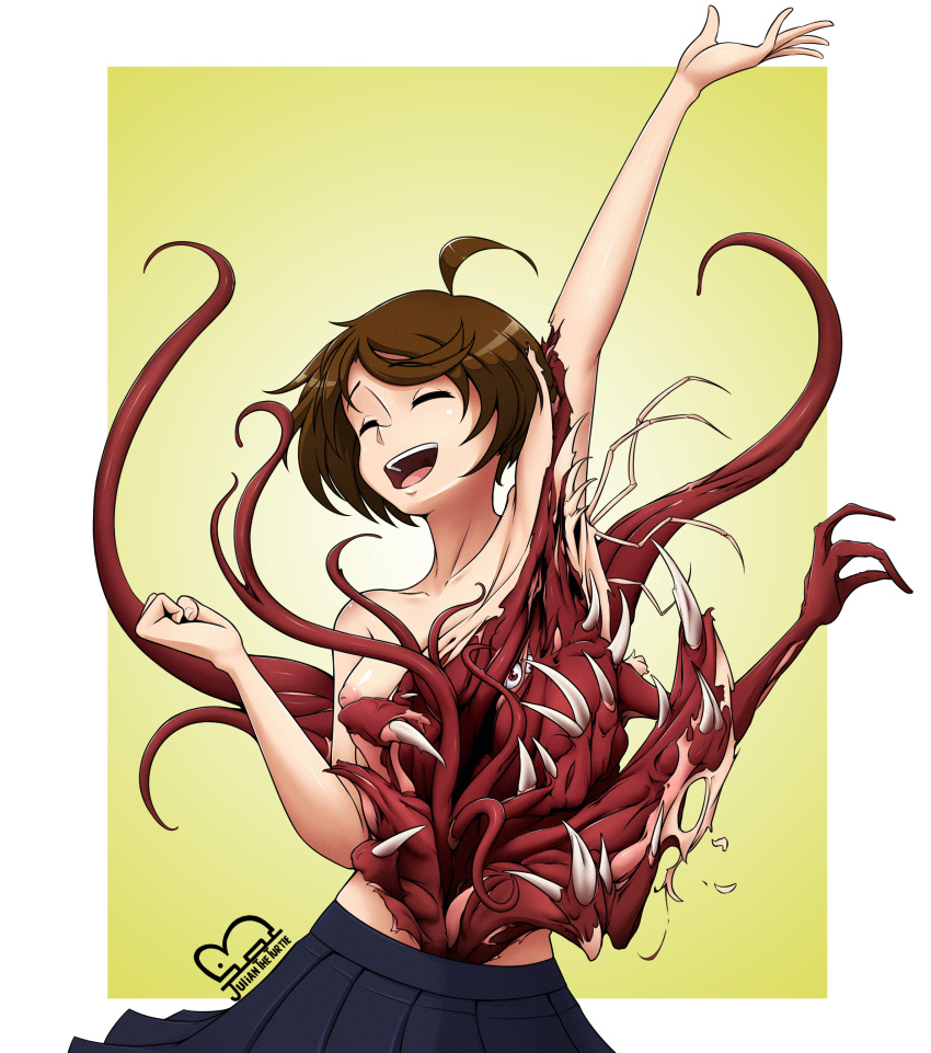 5_fingers absurd_res areola body_horror bottomwear breasts brown_hair clothed clothing female fingers hair hi_res humanoid inverted_nipples juliantheturtle kyoko_(juliantheturtle) monster monstrous_humanoid nipples not_furry open_mouth simple_background skirt solo teeth tentacles the_thing topless what