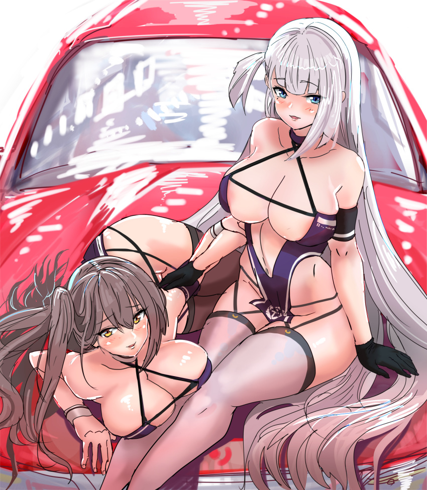 1girl areola_slip areolae azur_lane bare_shoulders blue_eyes blush breasts brown_hair cleavage collarbone hair_between_eyes halterneck hey_taishou highres large_breasts long_hair looking_at_viewer mole mole_under_eye one_side_up race_queen shoukaku_(azur_lane) shoukaku_(sororal_wings)_(azur_lane) smile thighhighs white_legwear wrist_cuffs zuikaku_(azur_lane) zuikaku_(the_wind's_true_name)_(azur_lane)