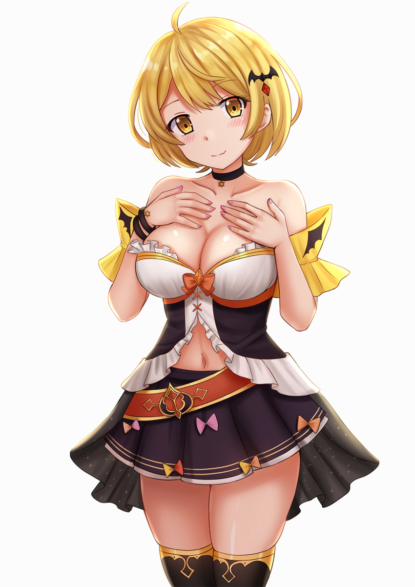 1girl bangs bare_shoulders bat_hair_ornament black_choker black_legwear black_skirt blonde_hair blush breasts brown_eyes choker cleavage closed_mouth collarbone eyebrows_visible_through_hair grey_background hair_ornament hands_up head_tilt highres hololive kazenokaze large_breasts looking_at_viewer nail_polish navel pink_nails pleated_skirt short_hair simple_background skindentation skirt smile solo standing strapless thighhighs virtual_youtuber yozora_mel