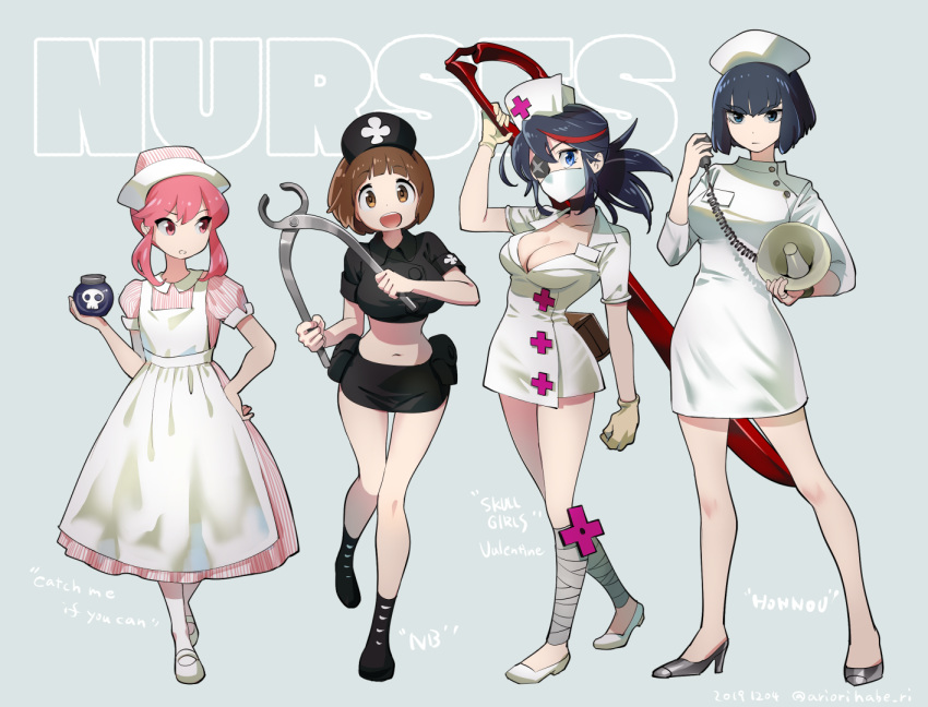4girls :d alternate_costume apron ariorihaberi arm_up background_text bandaged_leg bandages bangs black_footwear black_hair black_headwear black_skirt blue_eyes blunt_bangs blunt_ends bob_cut bomb breasts brown_eyes brown_hair catch_me_if_you_can closed_mouth collared_dress collared_shirt commentary_request cosplay cropped_shirt dated dress english_text expressionless eyebrows_visible_through_hair eyepatch flats gloves green_background hand_on_hip hat high_heels holding jakuzure_nonon kill_la_kill kiryuuin_satsuki light_frown long_dress looking_at_another looking_at_viewer low_twintails mankanshoku_mako mary_janes mask matoi_ryuuko medium_breasts medium_hair megaphone microdress microskirt midriff mouth_mask multicolored_hair multiple_girls navel no_legwear nudist_beach_uniform nurse_cap open_mouth pantyhose parted_lips pencil_skirt pink_eyes pink_hair pink_headwear pliers ponytail scissor_blade shirt shoes short_dress short_hair short_sleeves skirt skull_and_crossbones skullgirls smile standing standing_on_one_leg streaked_hair striped striped_dress striped_headwear twintails twitter_username valentine_(skullgirls) valentine_(skullgirls)_(cosplay) vertical_stripes white_apron white_dress white_footwear white_gloves white_headwear white_legwear