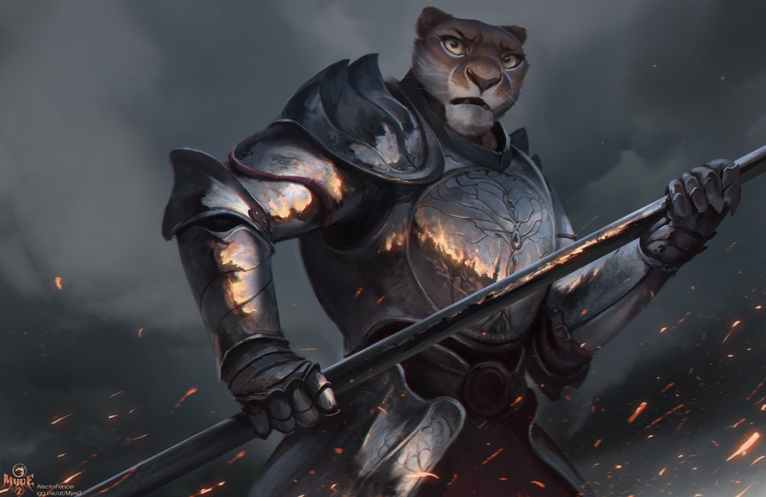 2020 5_fingers alectorfencer anthro armor clothed clothing digital_media_(artwork) felid female fingers fur hi_res implied_fire lion mammal pantherine reflection solo tan_body tan_fur whiskers yellow_eyes
