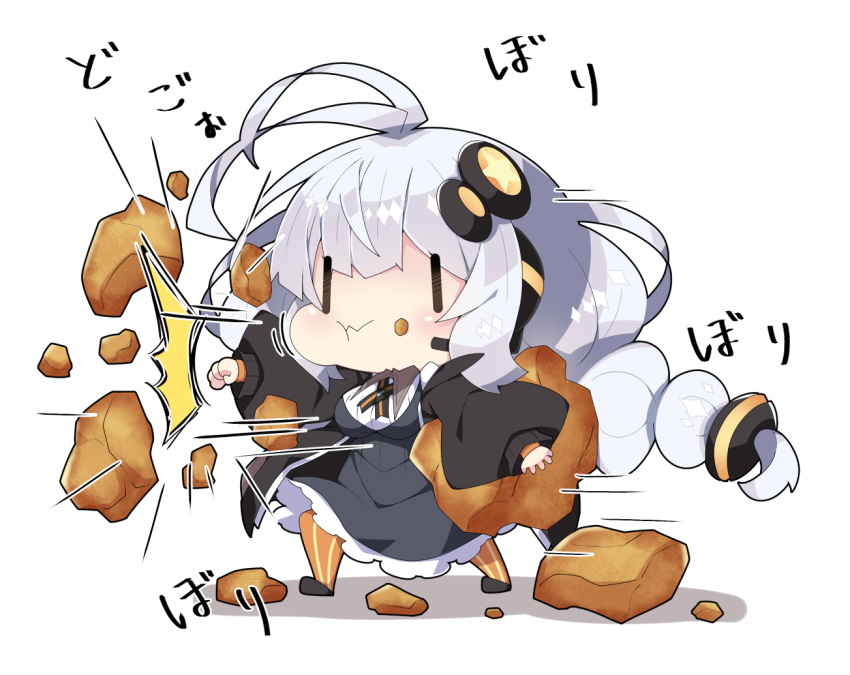 1girl :t antenna_hair bangs black_jacket blush braid breasts chibi closed_mouth commentary_request dress eating food food_on_face full_body grey_dress hair_between_eyes hair_ornament headphones headset holding holding_food jacket kizuna_akari large_breasts long_hair long_sleeves milkpanda open_clothes open_jacket orange_legwear pantyhose puffy_long_sleeves puffy_sleeves punching senbei shirt silver_hair sleeves_past_wrists solo standing star_(symbol) striped striped_legwear translated twin_braids twintails vertical-striped_legwear vertical_stripes very_long_hair voiceroid wavy_mouth white_background white_shirt |_|