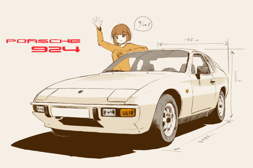 1girl absurdres balladeluce bangs bob_cut brown_eyes brown_hair car eyebrows_visible_through_hair ground_vehicle highres logo measurements motor_vehicle orange_sweater original porsche porsche_924 short_hair sweater vehicle_focus vehicle_name waving