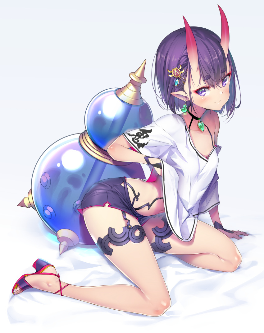 1girl absurdres arm_support black_shorts bob_cut breasts choker cross-laced_footwear earrings eyeliner fate/grand_order fate_(series) full_body garter_straps gourd hair_ornament high_heels highres hong_(white_spider) horns jewelry legs looking_at_viewer makeup oni oni_horns open_toe_shoes paid_reward patreon_reward pendant purple_eyes purple_hair see-through shirt short_eyebrows short_hair short_shorts shorts shuten_douji_(fate/grand_order) simple_background skin-covered_horns small_breasts smile solo thigh_strap white_background white_shirt