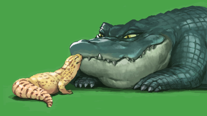 16:9 2020 ambiguous/ambiguous ambiguous_gender claws crocodile crocodilian crocodylid digital_media_(artwork) duo eyes_closed feral gecko green_body green_scales lizard mammal nisimawari on_ground reptile scales scalie sharp_teeth simple_background size_difference teeth widescreen yellow_body yellow_scales