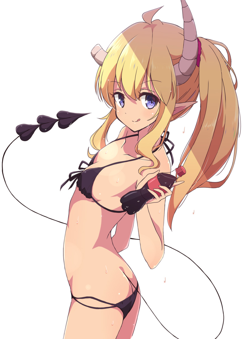 1girl ass bikini blonde_hair blue_eyes bottle breasts broken_horn butt_crack cowboy_shot demon_girl demon_horns demon_tail highres horns licking_lips lilith_(machikado_mazoku) looking_at_viewer lowleg lowleg_bikini machikado_mazoku mel_(melty_pot) pointy_ears simple_background small_breasts solo swimsuit tail tongue tongue_out white_background