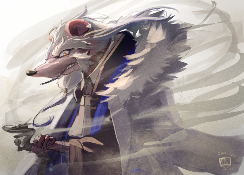 1boy 2020 animal_ears arknights artist_name coat commentary_request evil_grin evil_smile fur-trimmed_coat fur_trim furry grin highres itohiro03 lin_grey_the_rat_king_(arknights) long_beard looking_at_viewer looking_to_the_side mafia mouse_ears old_man originium_arts_(arknights) sharp_teeth smile solo teeth white_hair