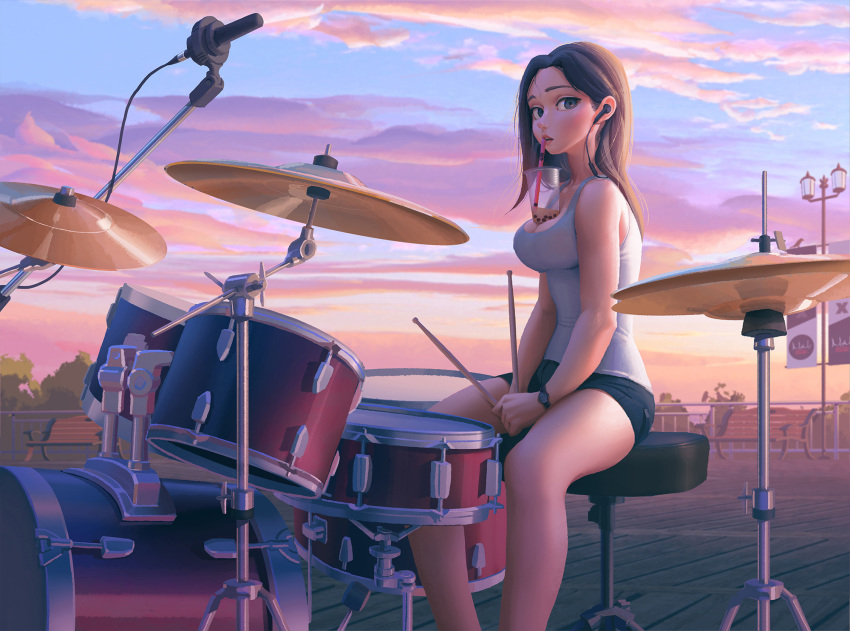 1girl bench black_shorts bo_xun_lin brown_hair bubble_tea bubble_tea_challenge cloud cloudy_sky cup cymbals drink drinking_straw drum drum_set drumsticks earbuds earphones english_commentary feet_out_of_frame highres instrument lamppost long_hair microphone original outdoors parted_lips plant shorts sitting sky solo sunset tank_top