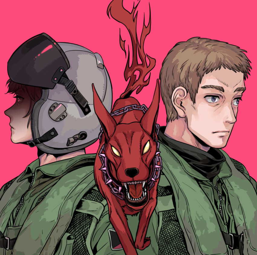 2boys ace_combat ace_combat_zero blue_eyes brown_hair cipher_(ace_combat) collar commentary demon dog emblem highres larry_foulke looking_afar multiple_boys open_mouth patch pilot pilot_helmet pilot_suit pointy_ears red_eyes shaded_face sharp_teeth spiked_collar spikes tail takato15_c teeth tongue yellow_eyes