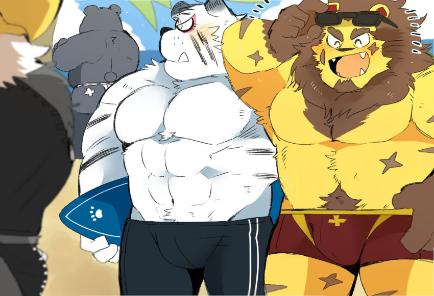 2020 accipitrid accipitriform animal_crossing anthro apollo_(animal_crossing) avian barazoku beach belly bird blush brown_body brown_fur butt clothing curt_(animal_crossing) eagle elvis_(animal_crossing) eyes_closed eyewear felid fur group hyaku_(artist) lion male mammal muscular nintendo outside overweight overweight_male pantherine pubes rolf_(animal_crossing) seaside sunglasses swimwear tiger underwear ursid video_games white_body white_fur