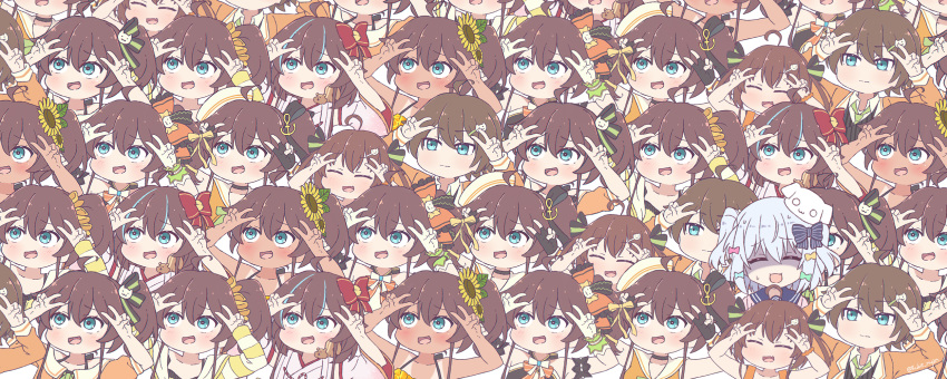 1boy 6+girls ahoge backpack bag bangs bare_shoulders bikini black_gloves blue_bow blue_eyes blue_hair blush bow breasts brown_hair cardigan clone closed_eyes closed_mouth collarbone double_v dress eyebrows_visible_through_hair fang flower gloves green_neckwear green_ribbon hair_between_eyes hair_flower hair_ornament hair_ribbon hairclip highres hololive idol idol_clothes inuyama_tamaki jacket japanese_clothes kukie-nyan long_hair long_sleeves midriff multicolored multicolored_clothes multiple_girls natsuiro_matsuhiko natsuiro_matsuri nontraditional_miko noripro open_clothes open_mouth orange_bikini orange_bow orange_jacket pink_jacket randoseru ribbon sailor_collar school_uniform scrunchie side_ponytail skin_fang sleeveless smile squirrel striped striped_cardigan sunflower sunflower_hair_ornament sweat sweatdrop swimsuit tan tanline twintails v virtual_youtuber white_dress white_gloves white_headwear white_sailor_collar yellow_bow yellow_cardigan