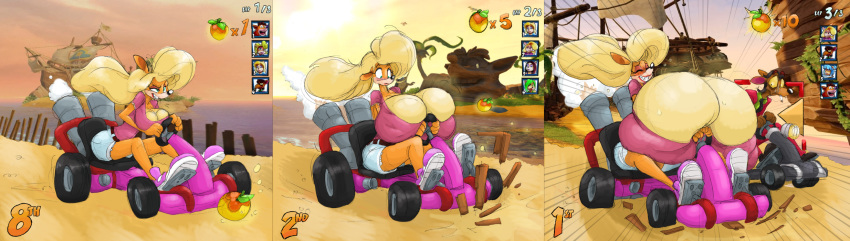 2020 activision anthro bandicoot beach big_breasts blonde_hair breast_expansion breasts car clothing crash_bandicoot_(series) duo female footwear fur hair hi_res huge_breasts male mammal marsupial nightmarebros orange_body orange_fur pinstripe_potoroo rabid seaside sequence shirt shoes tawna_bandicoot topwear vehicle video_games wumpa_fruit yellow_sclera