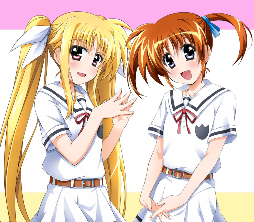 2girls :d bangs belt blonde_hair blue_eyes blue_ribbon brown_belt brown_hair commentary_request dress eyebrows_visible_through_hair fate_testarossa fingers_together hair_ribbon highres interlocked_fingers long_hair looking_at_viewer lyrical_nanoha mahou_shoujo_lyrical_nanoha_reflection multiple_girls neck_ribbon open_mouth own_hands_together pleated_dress red_eyes ribbon sailor_collar sailor_dress school_uniform seishou_middle_school_uniform short_dress short_hair short_sleeves smile standing takamachi_nanoha twintails white_ribbon white_sailor_collar yorousa_(yoroiusagi)