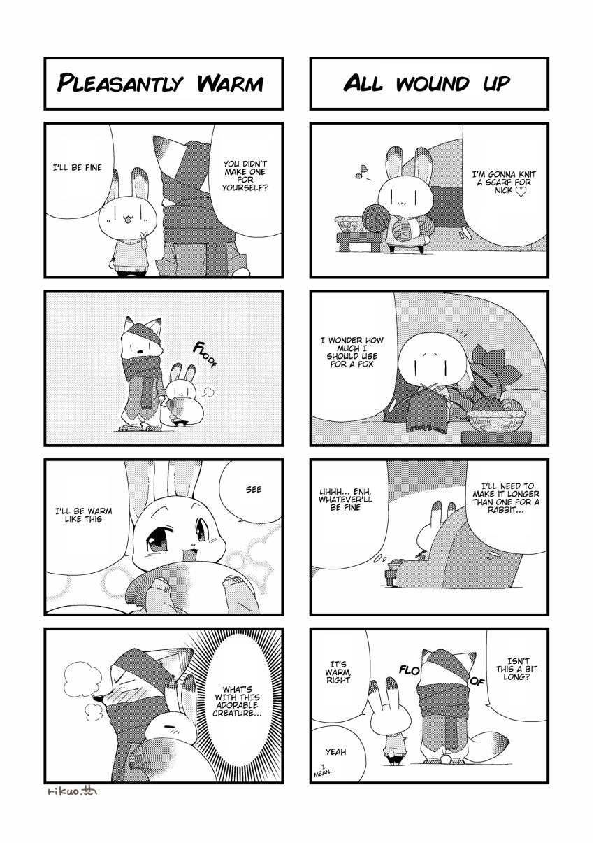 ? alternate_version_at_source anthro blush breath canid canine chibi comic dialogue disney duo edit english_text fox fur hard_translated hi_res judy_hopps knitting lagomorph leporid mammal monochrome nick_wilde open_mouth open_smile rabbit red_fox rikuo_(artist) sitting smile speech_bubble text translated vertical_bar_eyes zootopia