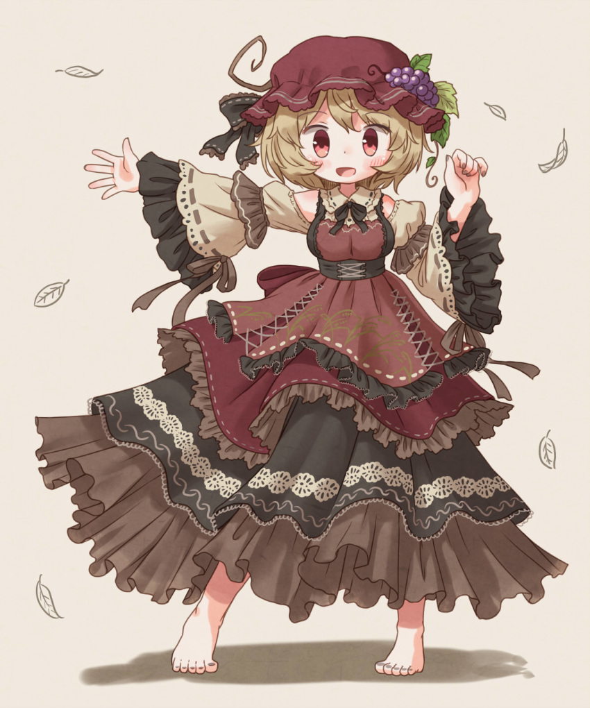 1girl aki_minoriko alternate_costume arinu barefoot blonde_hair blush dress eyebrows_visible_through_hair food food_themed_hair_ornament frilled_dress frills fruit grape_hair_ornament grapes grey_background hair_ornament hat highres leaf_hair_ornament looking_at_viewer mob_cap open_mouth outstretched_arm red_eyes simple_background solo touhou wide_sleeves