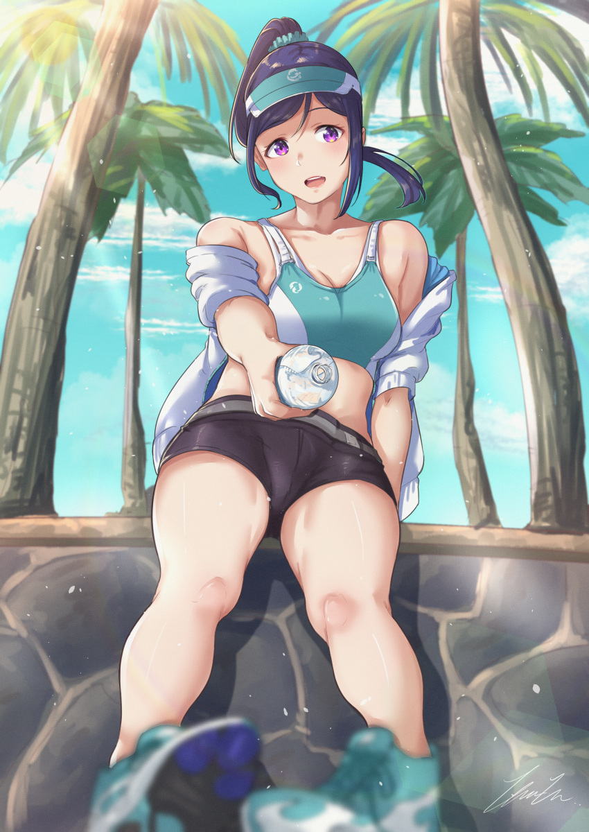 1girl absurdres aqua_bra aqua_footwear aqua_scrunchie bare_shoulders black_shorts blue_sky blush bottle bra breasts cleavage collarbone commentary_request hair_ornament hair_scrunchie high_ponytail highres holding holding_bottle huge_filesize jacket large_breasts long_hair love_live! love_live!_school_idol_project love_live!_sunshine!! matsuura_kanan midriff off-shoulder_jacket open_clothes open_jacket open_mouth palm_tree purple_eyes purple_hair scrunchie shoes shorts sitting_on_wall sky sneakers solo sports_bra stone_wall thighs tree underwear visor_cap wall water_bottle white_jacket yuuyu_(sun_yuu)