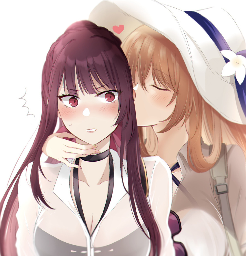 2girls alternate_costume bangs bikini black_bikini black_choker blush breasts brown_hair choker cleavage closed_eyes collarbone commentary_request ear_kiss embarrassed eyebrows_visible_through_hair eyewear_removed facing_viewer fingernails flower girls_frontline glasses hair_between_eyes hat hat_flower heart highres kiss long_hair m1903_springfield_(girls_frontline) multiple_girls parted_lips red_eyes see-through shirt sidelocks simple_background strap sui_(camellia) sunglasses sweat swimsuit upper_body wa2000_(girls_frontline) white_background white_flower white_headwear white_shirt yuri