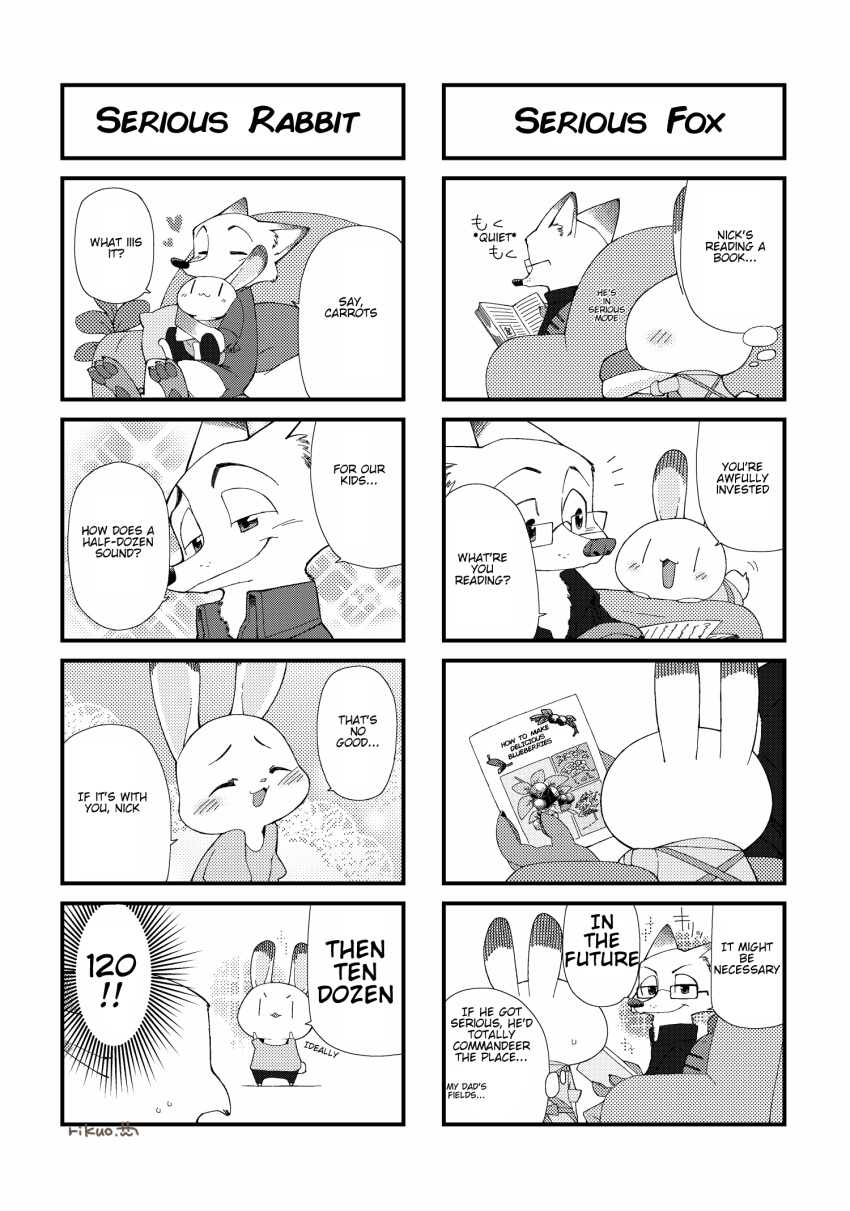 &lt;3 alternate_version_at_source anthro bodily_fluids book canid canine chibi comic dialogue disney duo edit english_text fox fur hard_translated hi_res holding_book holding_object judy_hopps lagomorph leporid mammal monochrome nick_wilde on_lap open_mouth open_smile rabbit reading red_fox rikuo_(artist) sitting_on_lap smile sparkles speech_bubble sweat sweatdrop text thought_bubble translated vertical_bar_eyes zootopia