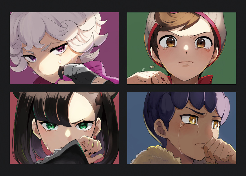 1girl 3boys asymmetrical_bangs bangs beanie beet_(pokemon) black_hair brown_eyes brown_hair commentary_request crying crying_with_eyes_open curly_hair dark_skin dark_skinned_male frown fur-trimmed_jacket fur_trim green_eyes hand_up hat highres hop_(pokemon) jacket looking_at_viewer mary_(pokemon) masaru_(pokemon) multiple_boys pokemon pokemon_(game) pokemon_swsh popped_collar purple_eyes red_shirt shirt tearing_up tears yellow_eyes yukin_(es)