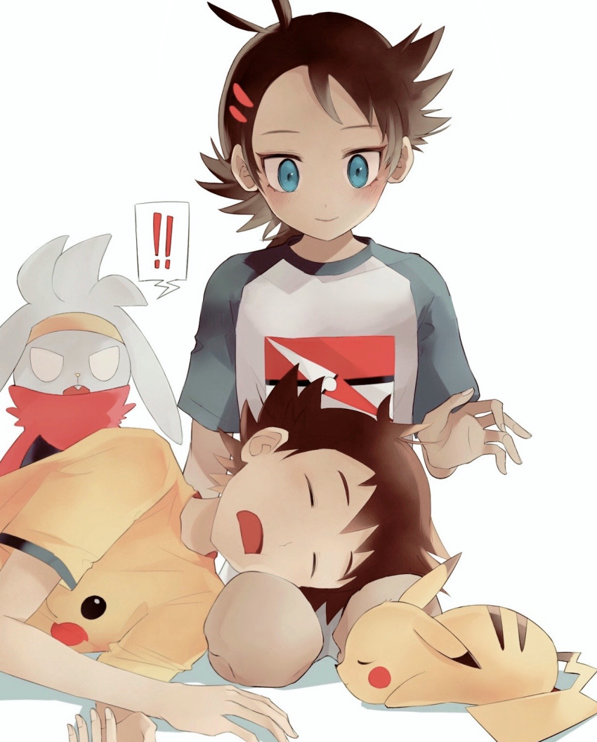 !! 2boys blue_eyes blush brown_hair character_print closed_eyes closed_mouth commentary_request eyelashes fingernails gen_1_pokemon gen_8_pokemon gou_(pokemon) hair_ornament highres lap_pillow looking_at_another looking_down multiple_boys open_mouth pikachu pokemon pokemon_(anime) pokemon_(creature) pokemon_swsh_(anime) print_shirt raboot satoshi_(pokemon) shirt short_sleeves smile tongue usatchi_(user_paxg7323) white_background