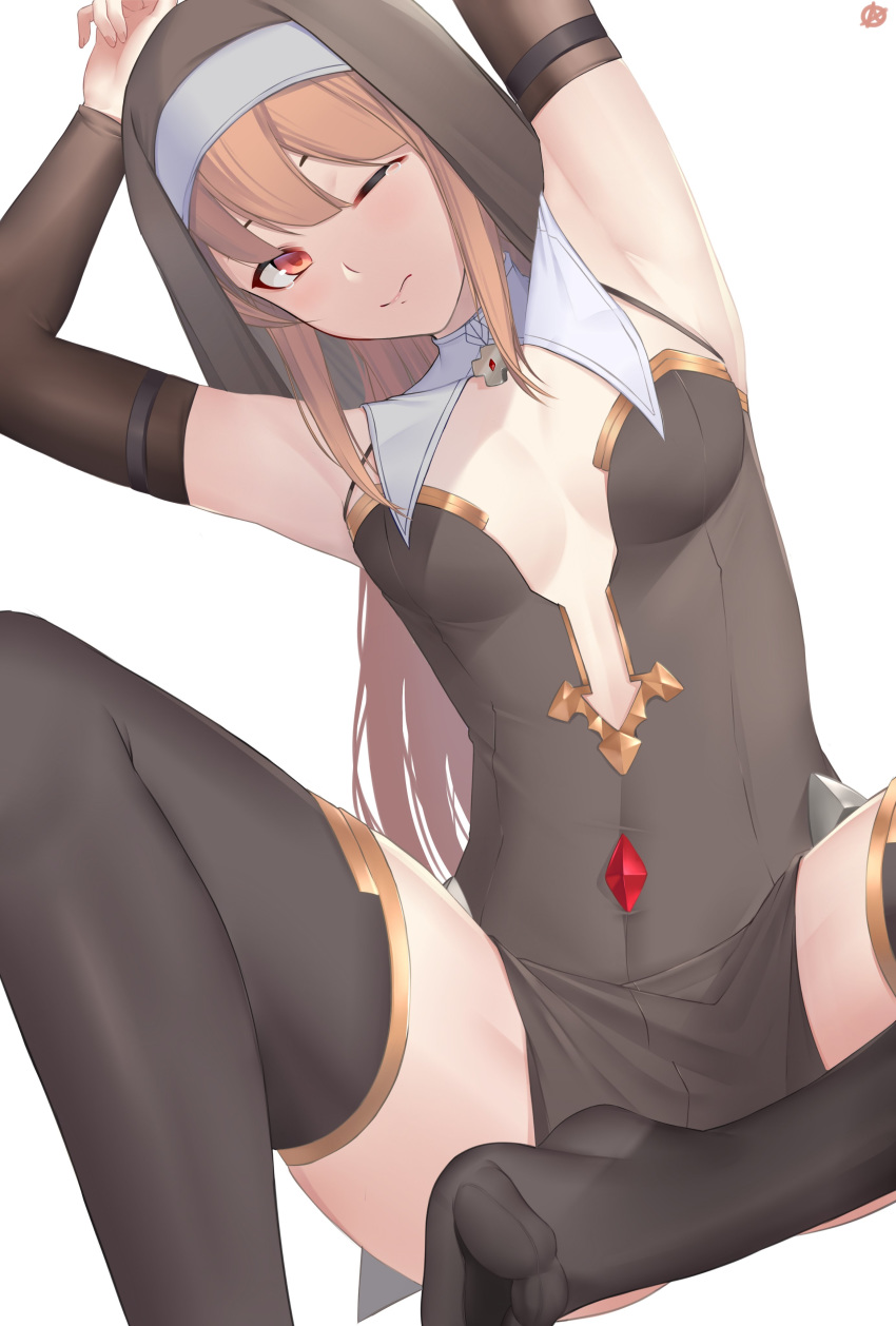 1girl absurdres armpits arms_up bangs black_dress black_legwear blush breasts brown_hair character_request cleavage convenient_leg copyright_request detached_sleeves dress english_commentary foot_out_of_frame gold_trim habit highres jewelry long_hair looking_at_viewer medium_breasts necklace no_shoes nun one_eye_closed pelvic_curtain red_eyes short_dress side_slit sidelocks signature simple_background sitting skin_tight sleeveless spread_legs thighhighs thighs toes veil w4pz