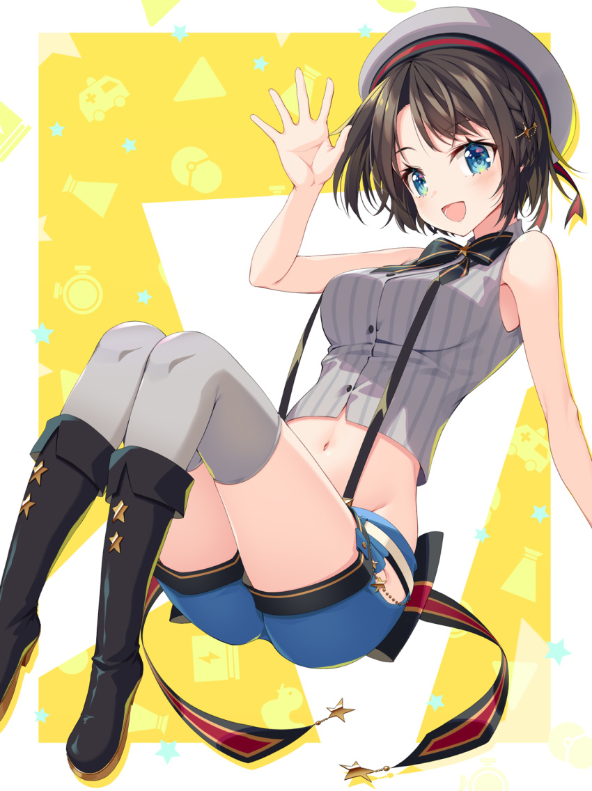 1girl arm_up bare_arms bare_shoulders beret black_bow black_footwear black_hair blue_eyes blue_shorts boots bow braid breasts commentary_request grey_headwear grey_legwear grey_shirt groin hair_ornament hat highres hololive knee_boots mac-kine medium_breasts midriff navel oozora_subaru orange_background shirt short_hair short_shorts shorts sleeveless sleeveless_shirt solo striped striped_bow striped_shirt thighhighs thighhighs_under_boots two-tone_background vertical-striped_shirt vertical_stripes virtual_youtuber white_background
