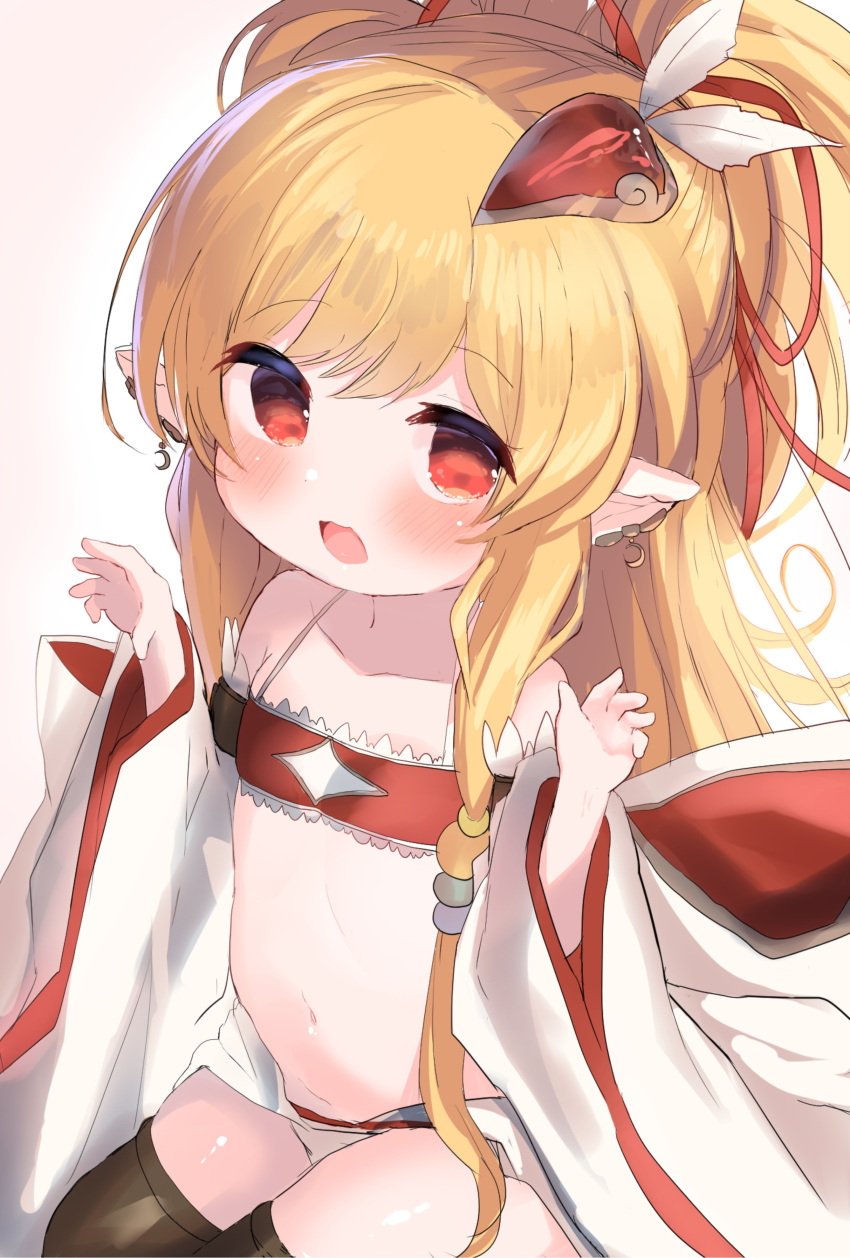 1girl :d absurdres bandeau bare_shoulders black_legwear blonde_hair blush brown_background collarbone commentary_request detached_sleeves ear_piercing gradient gradient_background granblue_fantasy hair_ornament hair_ribbon hands_up highres long_hair long_sleeves looking_at_viewer mahira_(granblue_fantasy) navel open_mouth piercing pointy_ears red_bandeau red_eyes red_ribbon ribbon sitting smile solo thighhighs very_long_hair white_background white_sleeves wide_sleeves yinpa_(wanone500511)