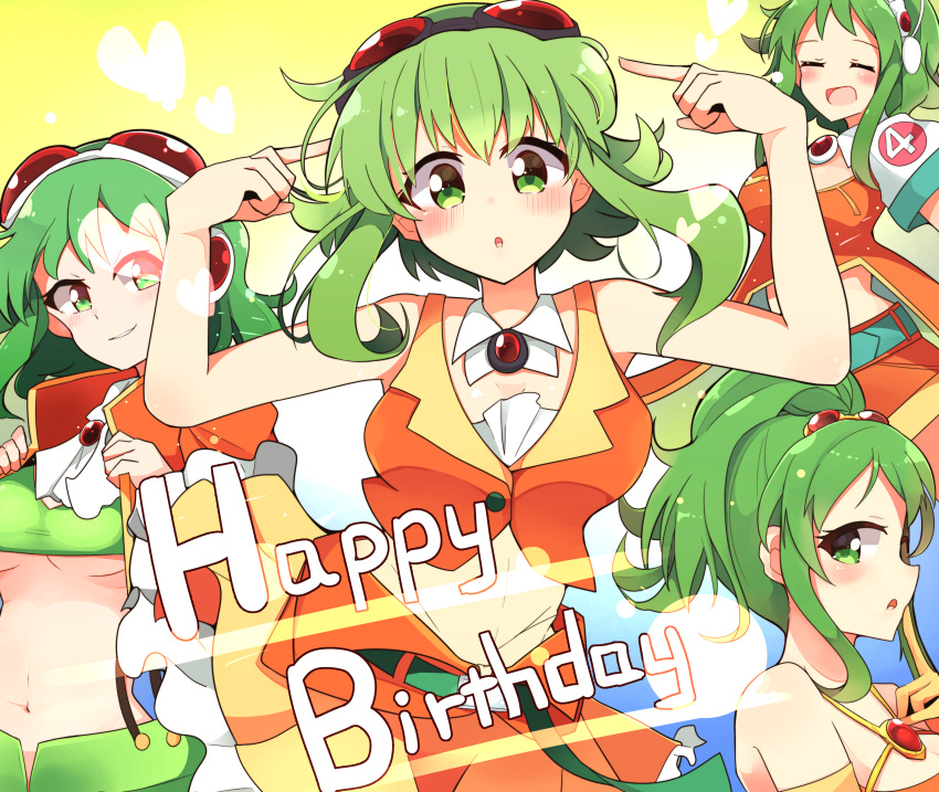 4girls absurdres bangs belt blush breasts brooch closed_eyes collar commentary cowboy_shot crop_top detached_collar elbow_gloves frilled_skirt frills gloves goggles goggles_on_head green_eyes green_hair green_skirt green_tubetop grin gumi hands_up happy_birthday highres jacket jewelry looking_at_viewer megpoid_(vocaloid3) megpoid_(vocaloid4) midriff multiple_girls multiple_persona navel open_mouth orange_jacket orange_shirt orange_skirt pachio_(patioglass) pointing pointing_at_self red_goggles shirt short_hair_with_long_locks short_sleeves sidelocks skirt sleeveless sleeveless_shirt smile suspender_skirt suspenders underboob vocaloid white_collar yellow_gloves yellow_skirt