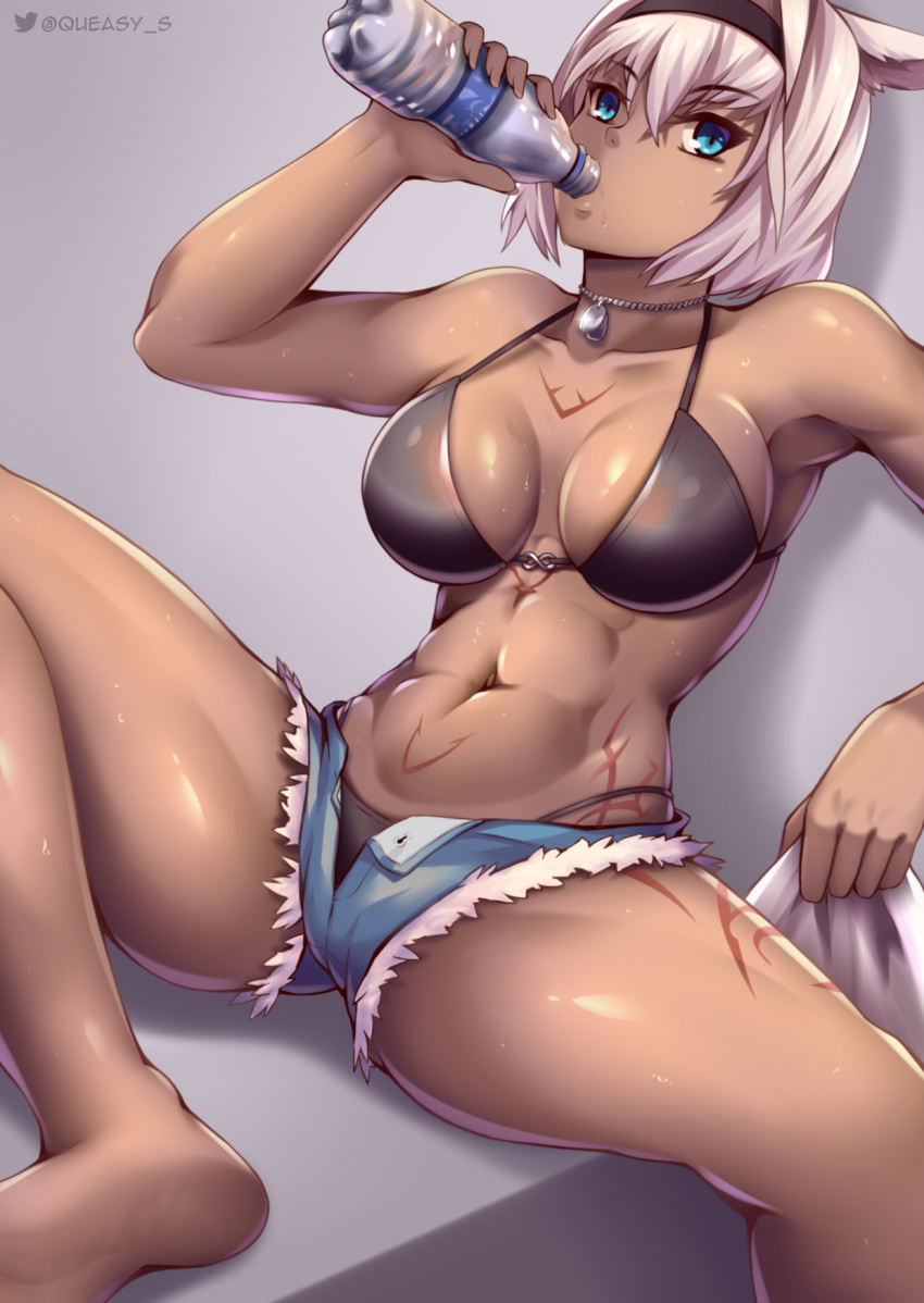 1girl abs animal_ears armpits bangs bare_shoulders barefoot bikini black_bikini black_hairband blue_eyes body_markings bottle breasts caenis_(fate) cleavage collarbone commentary cutoffs dark_skin denim denim_shorts dog_tags drinking drop_shadow eyebrows_visible_through_hair fate/grand_order fate_(series) glint groin hair_between_eyes hair_intakes hairband hand_up highleg highleg_bikini highres holding holding_bottle holding_jacket jacket jacket_removed large_breasts long_hair looking_at_viewer micro_shorts midriff navel open_fly queasy_s shadow short_shorts shorts sidelocks simple_background sitting solo sweat swimsuit twitter_username white_background white_hair white_jacket