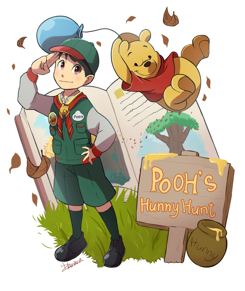 2020 balloon baseball_cap book bottomless brown_eyes clothed clothing disney disney_parks duo floating fully_clothed gesture hand_on_hip harara hat headgear headwear hi_res honey honey_pot human leaf looking_at_viewer male mammal pooh's_hunny_hunt pooh_bear red_clothing red_shirt red_topwear salute shirt signature standing tokyo_disneyland topwear ursid wind winnie_the_pooh_(franchise) yellow_body