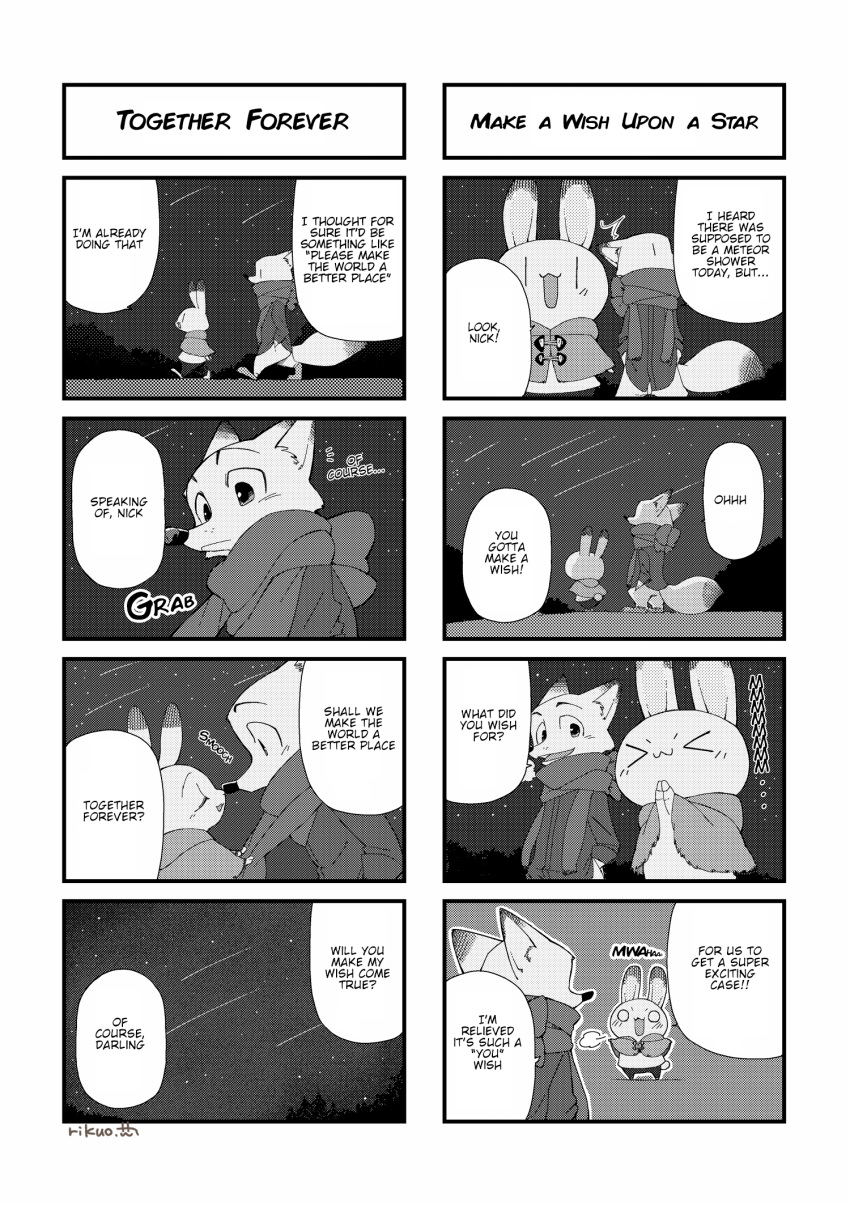 alternate_version_at_source anthro blush canid canine chibi clothed clothing comic dialogue disney duo edit english_text fox fully_clothed fur hard_translated hi_res judy_hopps lagomorph leporid mammal monochrome nick_wilde open_mouth open_smile outside rabbit red_fox rikuo_(artist) scarf shooting_star smile speech_bubble text translated vertical_bar_eyes zootopia