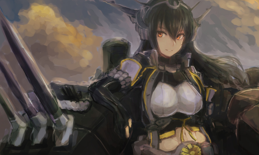 1girl absurdres black_gloves black_hair cannon cloud elbow_gloves fingerless_gloves gloves headgear highres kantai_collection kikumon long_hair machinery midriff moor nagato_(kantai_collection) red_eyes remodel_(kantai_collection) solo turret upper_body