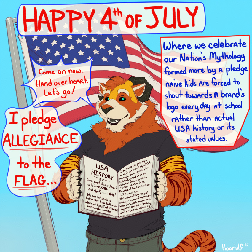 1:1 2020 4th_of_july anthro black_sclera book bottomwear clothed clothing dialogue digital_media_(artwork) english_text felid flag fur hi_res holidays horn hybrid koorivlf koorivlf_tycoon male mammal open_mouth pantherine pants politics procyonid raccoon red_body red_fur shirt simple_background smile solo stripped text tiger topwear united_states_of_america