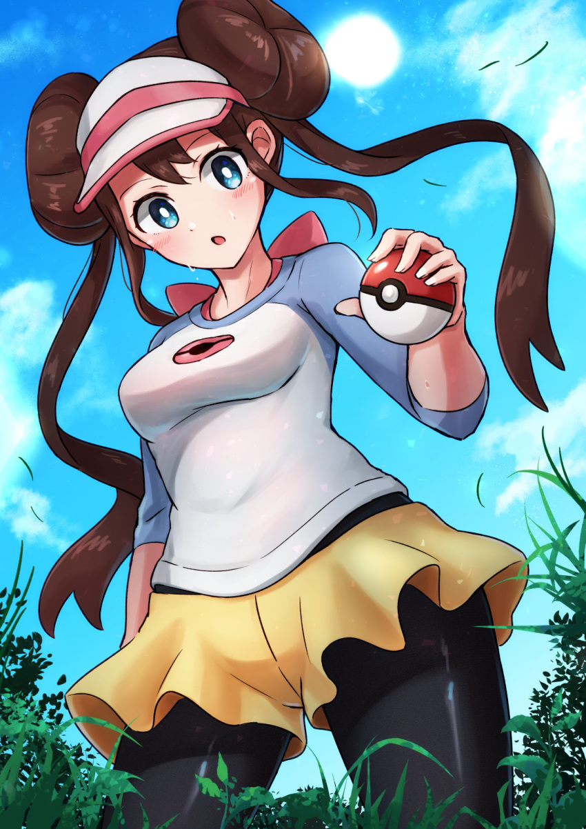 1girl :o bangs black_legwear blue_eyes blush breasts brown_hair cloud commentary_request double_bun eyelashes foliage from_below highres holding holding_poke_ball long_hair looking_at_viewer looking_down mei_(pokemon) open_mouth outdoors pantyhose poke_ball poke_ball_(generic) pokemon pokemon_(game) pokemon_bw2 raglan_sleeves shiny shiny_hair short_shorts shorts sidelocks sky solo sun sweat twintails two-tone_headwear very_long_hair visor_cap wakaba_(wata_ridley) yellow_shorts