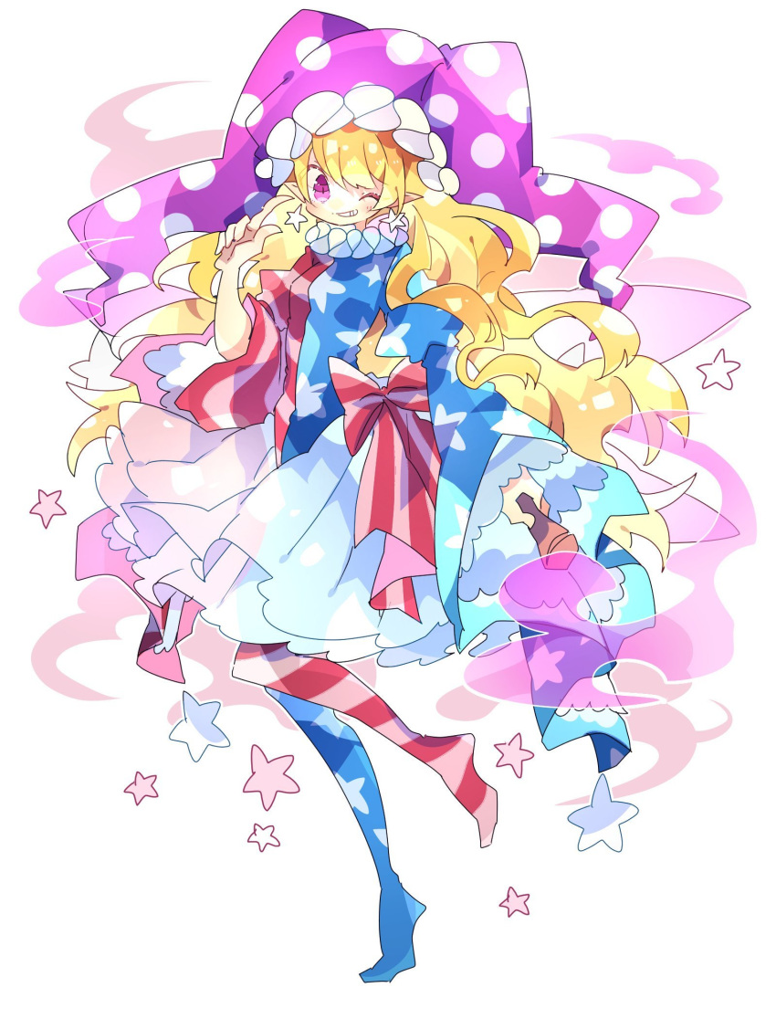 1girl adapted_costume american_flag_dress american_flag_legwear blonde_hair bow clownpiece commentary_request earrings frilled_sleeves frills full_body grin hand_up hat highres holding holding_torch index_finger_raised jester_cap jewelry long_hair long_sleeves looking_at_viewer neck_ruff nikorashi-ka one_eye_closed pointy_ears polka_dot_headwear purple_eyes purple_headwear red_bow simple_background smile solo star_(symbol) star_earrings torch touhou very_long_hair white_background wide_sleeves