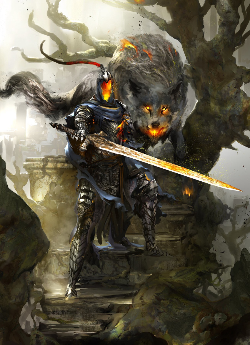 1boy animal armor artorias_the_abysswalker blue_cape breathing_fire cape cloud cloudy_sky dark_souls day debris embers faceless fangs fire fire_body flaming_eyes flaming_sword flaming_weapon full_armor great_grey_wolf_sif grey_wolf highres kekai_kotaki knight light_rays long_sword looking_at_viewer oversized_animal ruins severed_arm severed_limb shield sky souls_(from_software) stairs standing sunlight torn_cape torn_clothes tree wolf work_in_progress